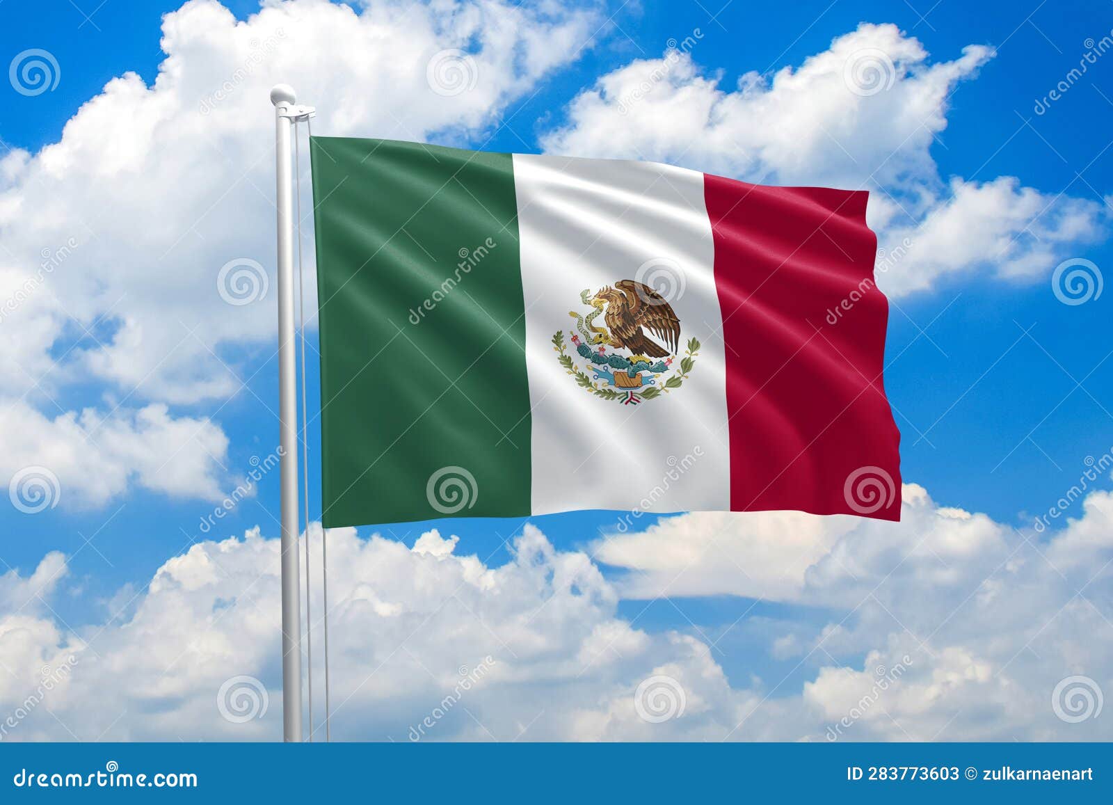 mexico national flag waving in the wind on clouds sky. high quality fabric. international relations concept
