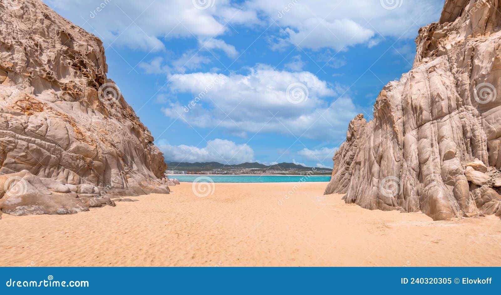 mexico, scenic travel destination beach playa amantes, lovers beach known as playa del amor located near famous arch of