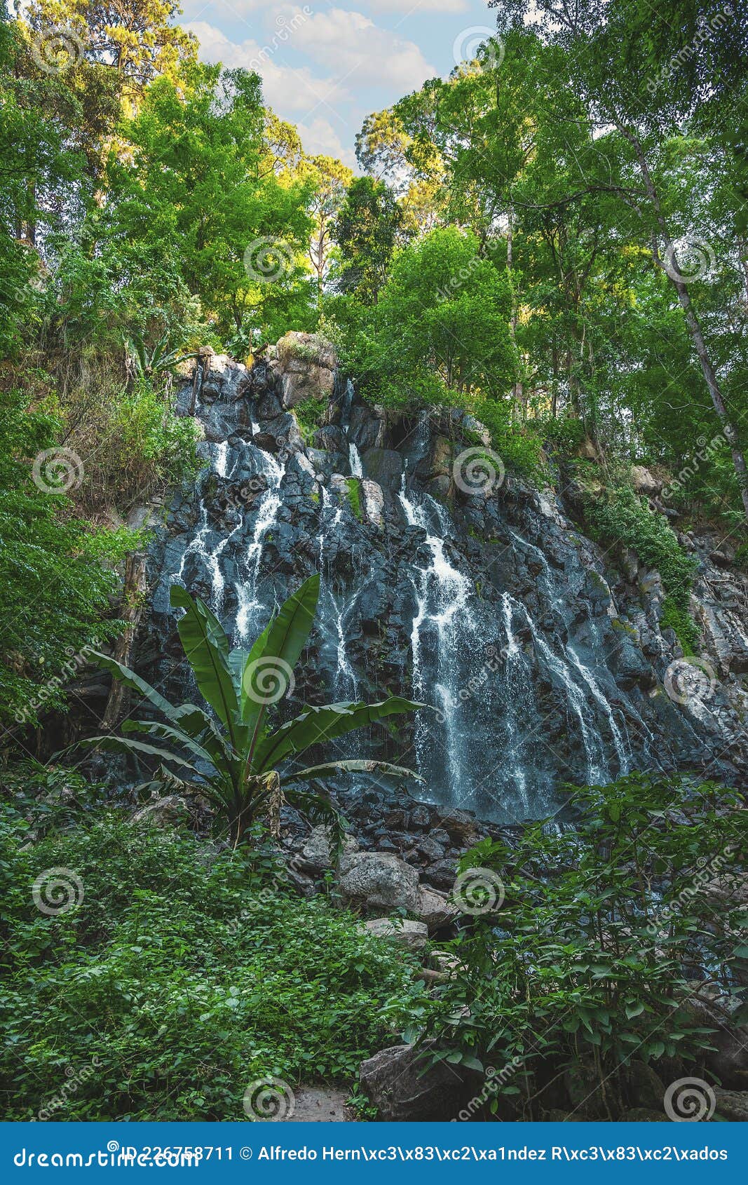 mexico, valle de bravo, panoramic view of the beautiful natural waterfall
