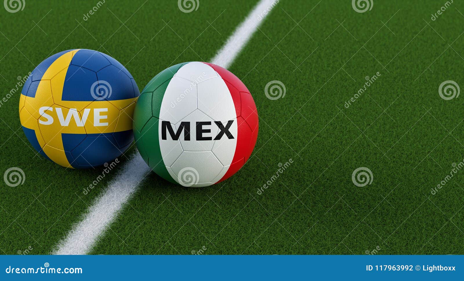 mexico vs. sweden soccer match - soccer balls in mexicos and swedens national colors on a soccer field.