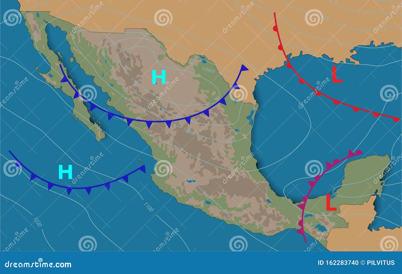 mexico.weather map of the mexico. meteorological forecast. realistic and editable synoptic map of the country showing isobars and