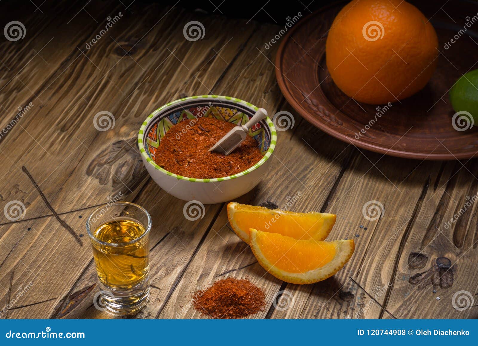 Mezcal Shot with Orange Slices and Worm Salt. Mexican Drink. Stock ...