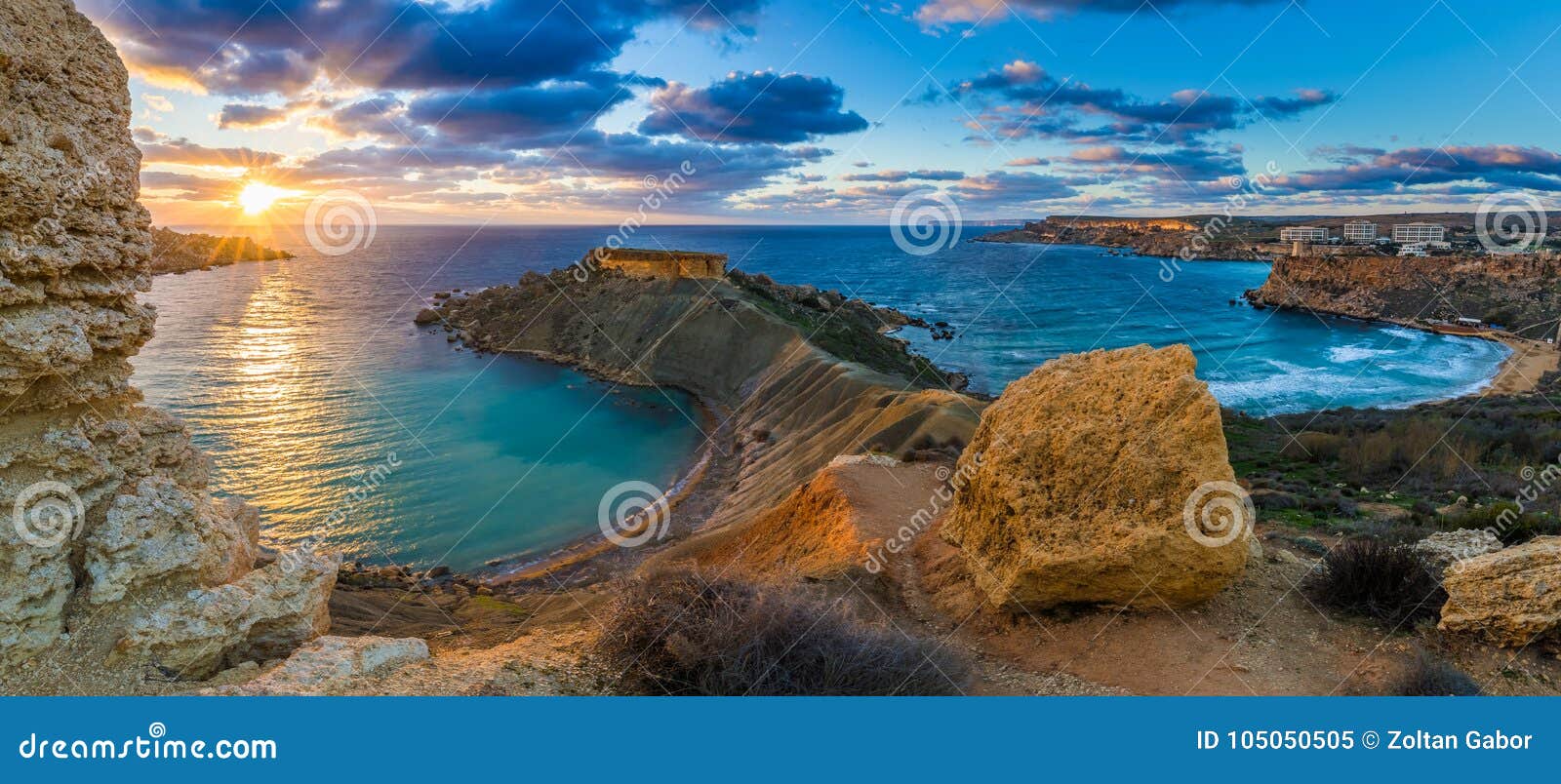 mgarr, malta - panorama of gnejna bay and golden bay, the two most beautiful beaches in malta