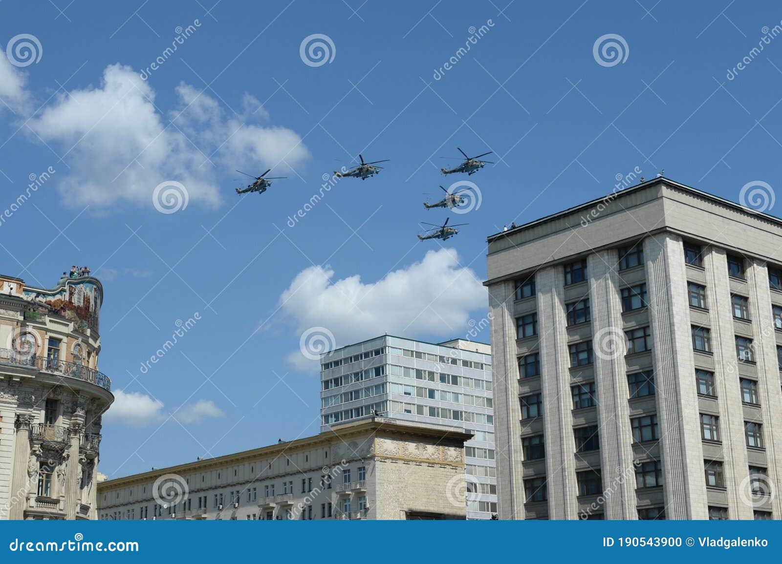 mi-35m attack helicopters in the sky over moscow during the parade dedicated to the 75th anniversary of victory in the great patri