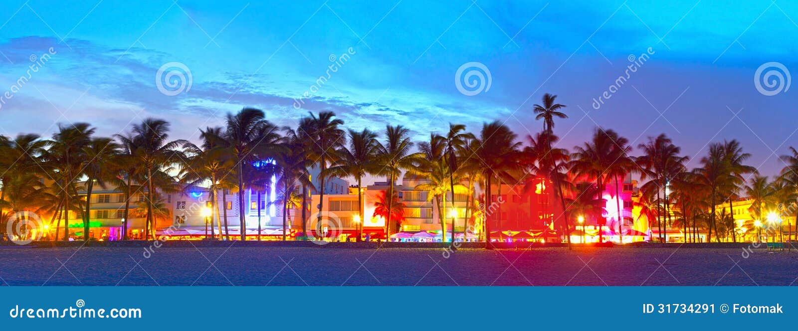 miami beach, florida hotels and restaurants at sunset