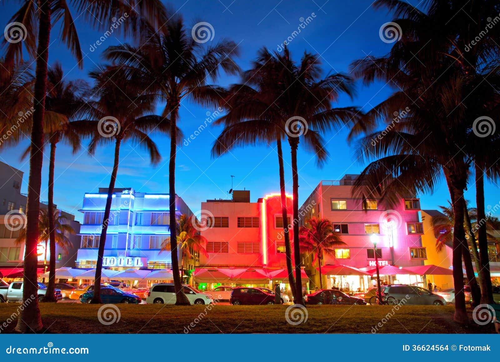 miami beach, florida hotels and restaurants at sunset