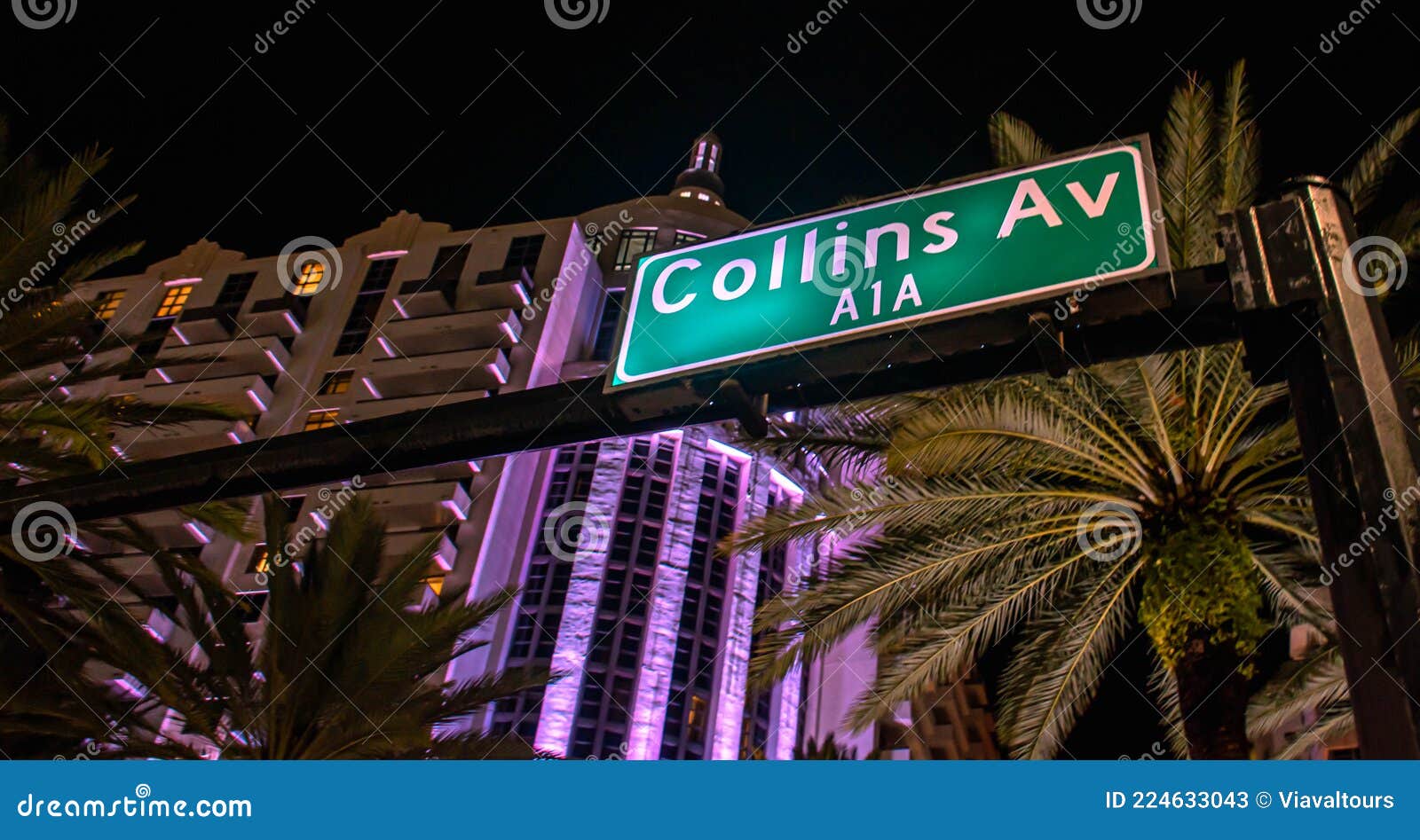 Top View of Collins Ave. Street Sign at Night Editorial Stock Photo - Image  of panoramic, miami: 224633043