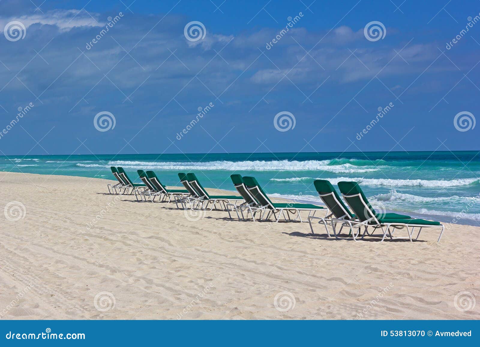 Miami Beach in Spring with Rolling Waves and Empty Beach Chairs. Stock Photo Image of florida