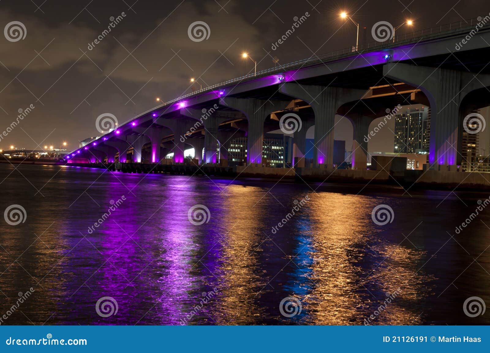 Miami bridge lit in purple stock image. Image of bridge 21126191