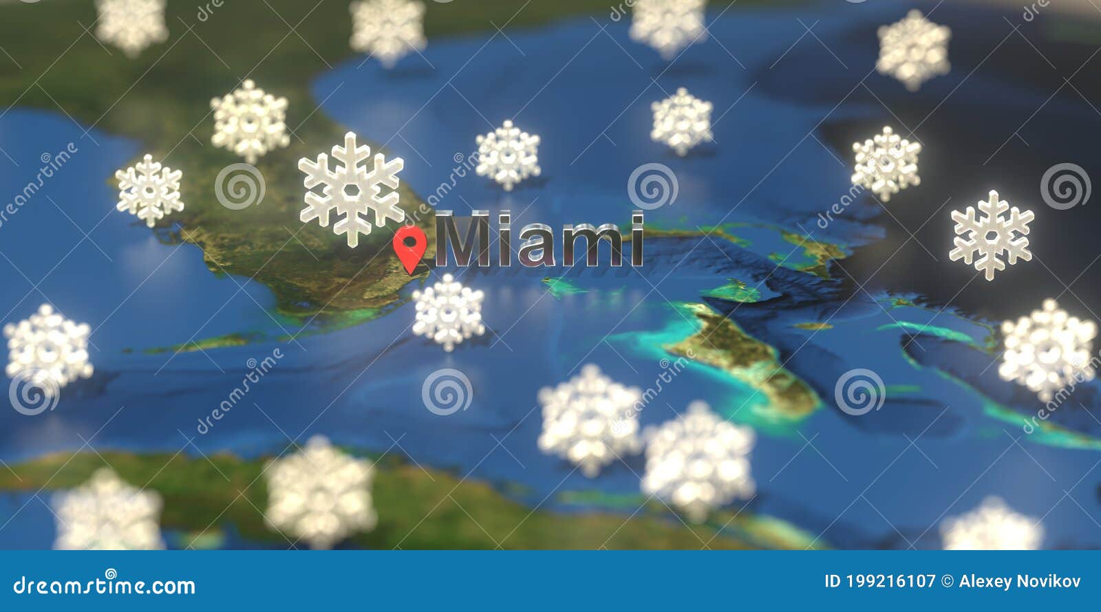 Miami City and Snowy Weather Icon on the Map, Weather Forecast Related