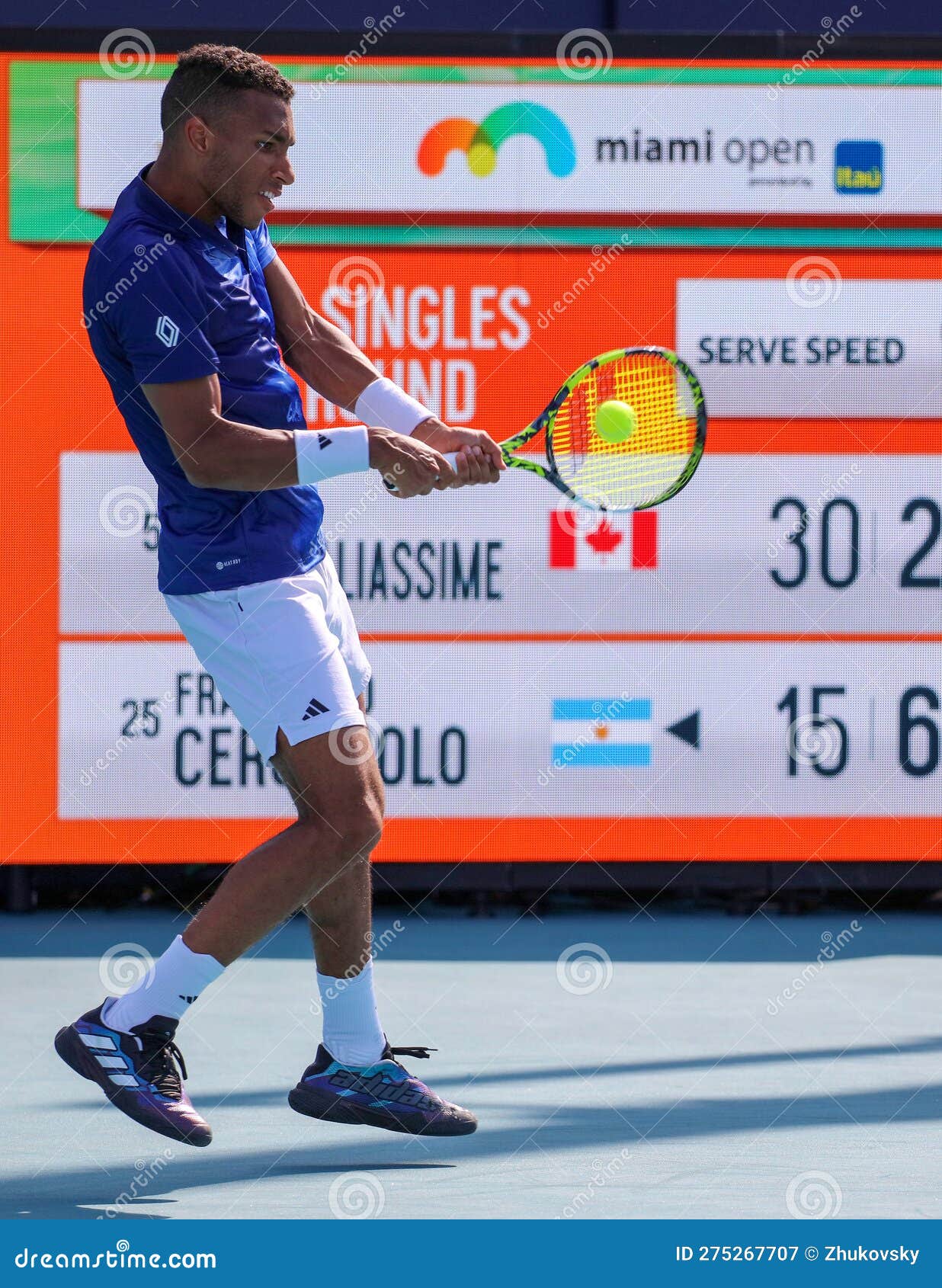 Felix Auger-Aliassime of Canada in Action during Round 3 Match Against Francisco Cerundolo of Argentina at 2023 Miami Open Editorial Photography