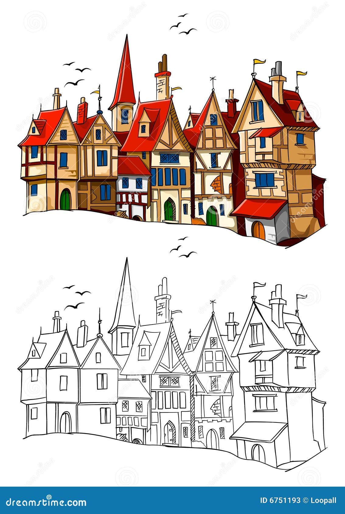 Miasteczko europejski ilustracyjny stary wektor. Architektury europejski ilustracyjny stary miasteczka wektor