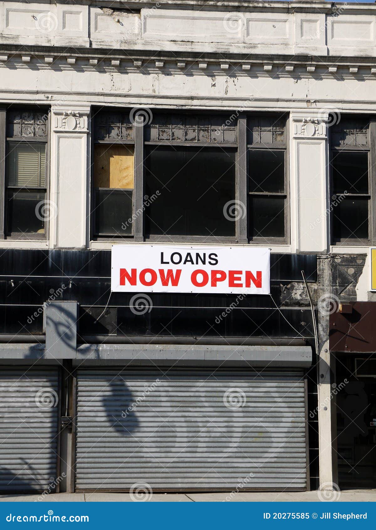 Miasto zamykający pożyczki sklep. Miasto zamykający pożyczkowy otwartego sklepu żaluzi znak