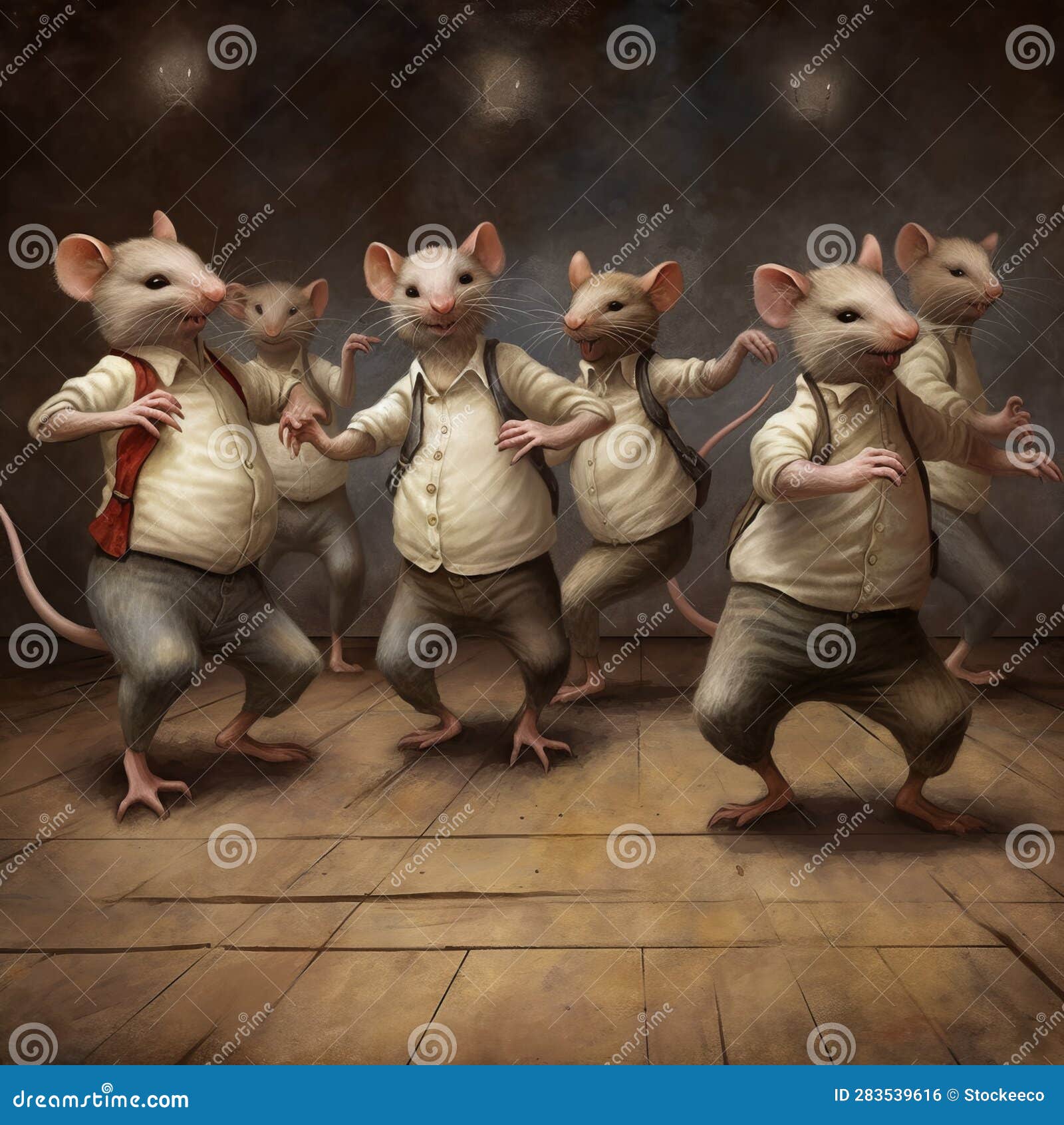 Inventive Character Designs Five Mice Dancing in Realistic Oil