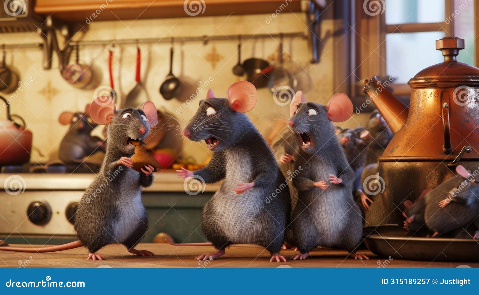 the mice have created a diversion by dressing up as a group of rats and sneaking into the kitchen while the real rats
