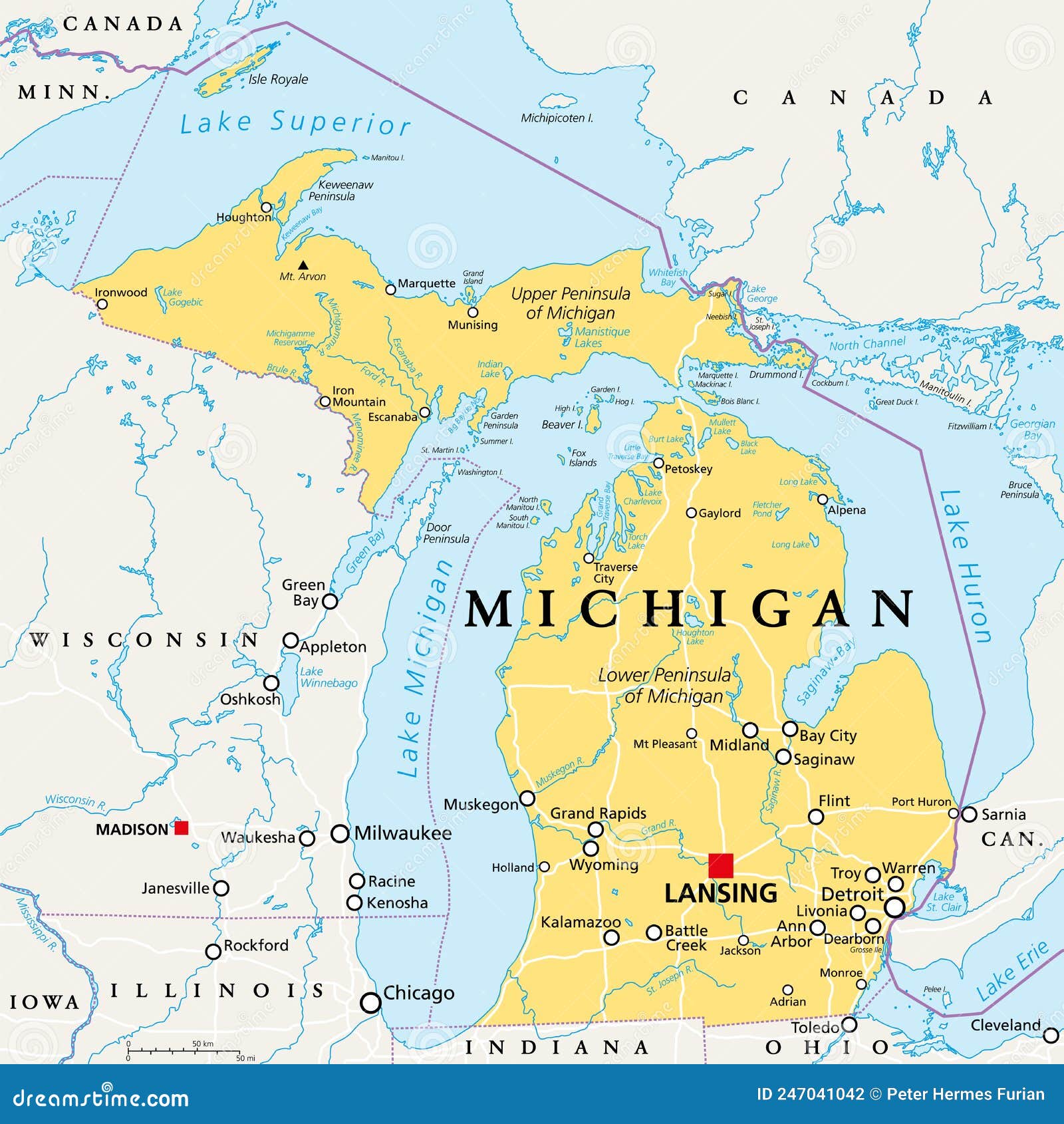 Michigan, MI, Political Map, US State, Nicknamed the Great Lake State