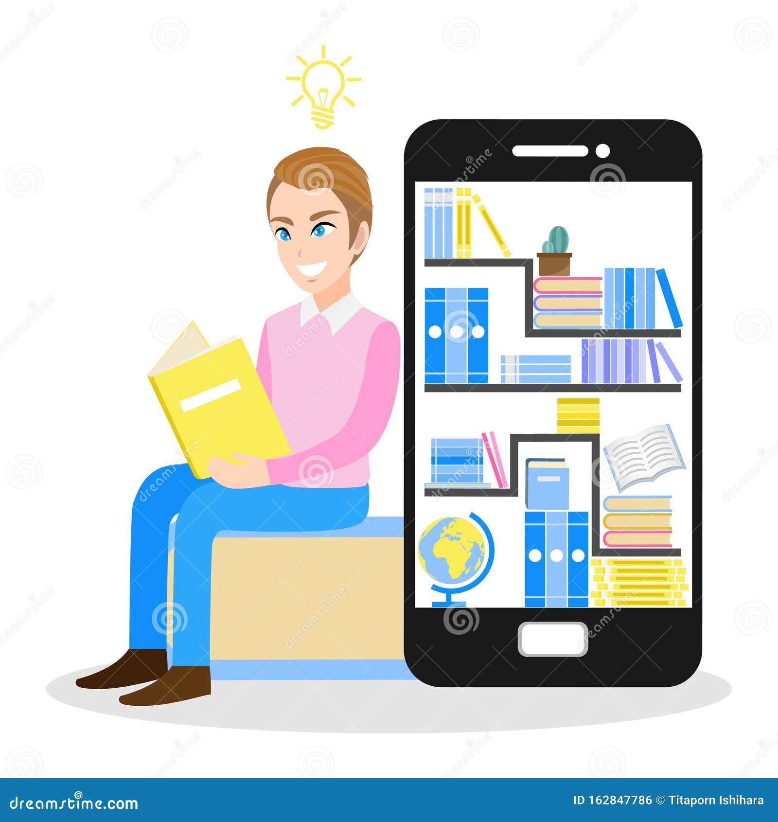 Set of Book in Online Library on Mobile Phone and Cartoon Character Design  Vector Illustration Stock Vector - Illustration of data, online: 162847786