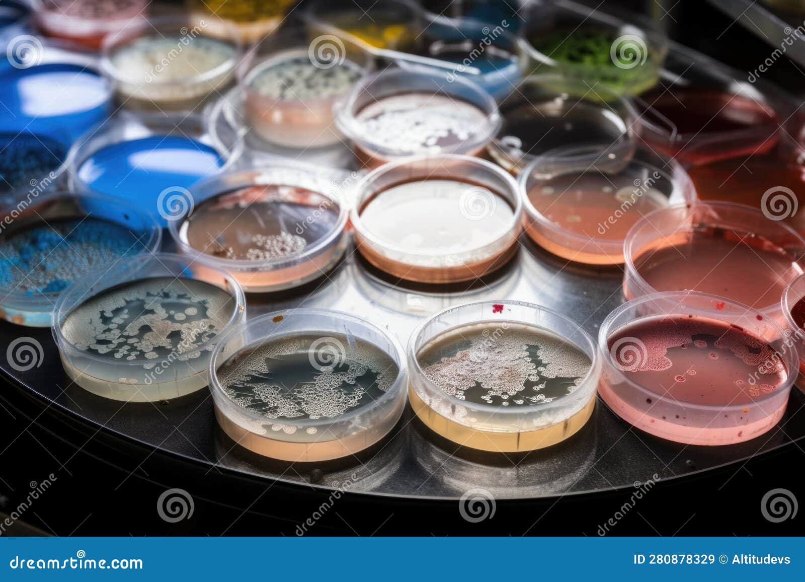 Microbial Cultures Growing on Agar Plates, with Petri Dishes and