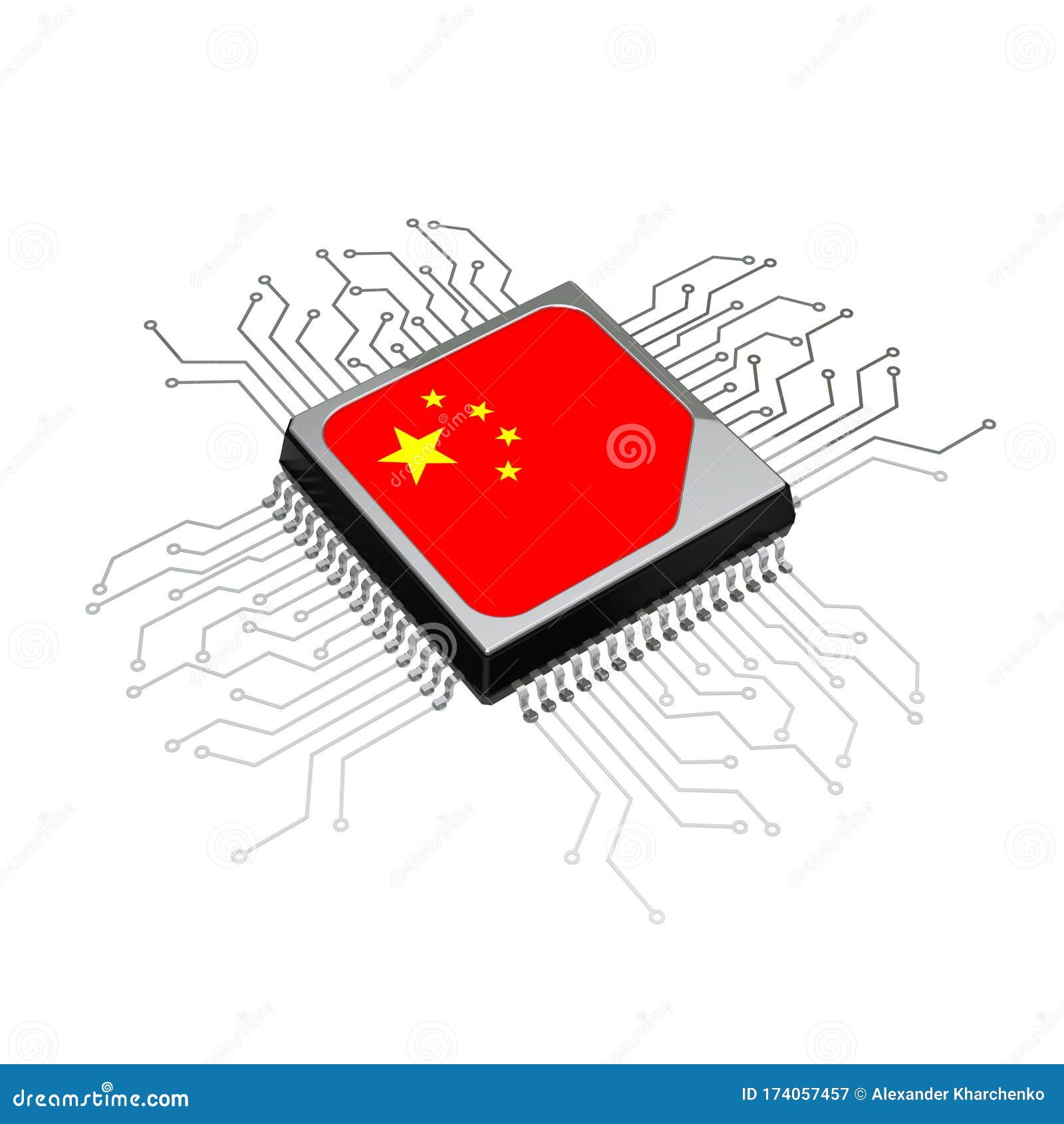 Microchip CPU Processor with Circuit and China Flag. 3d Rendering Stock