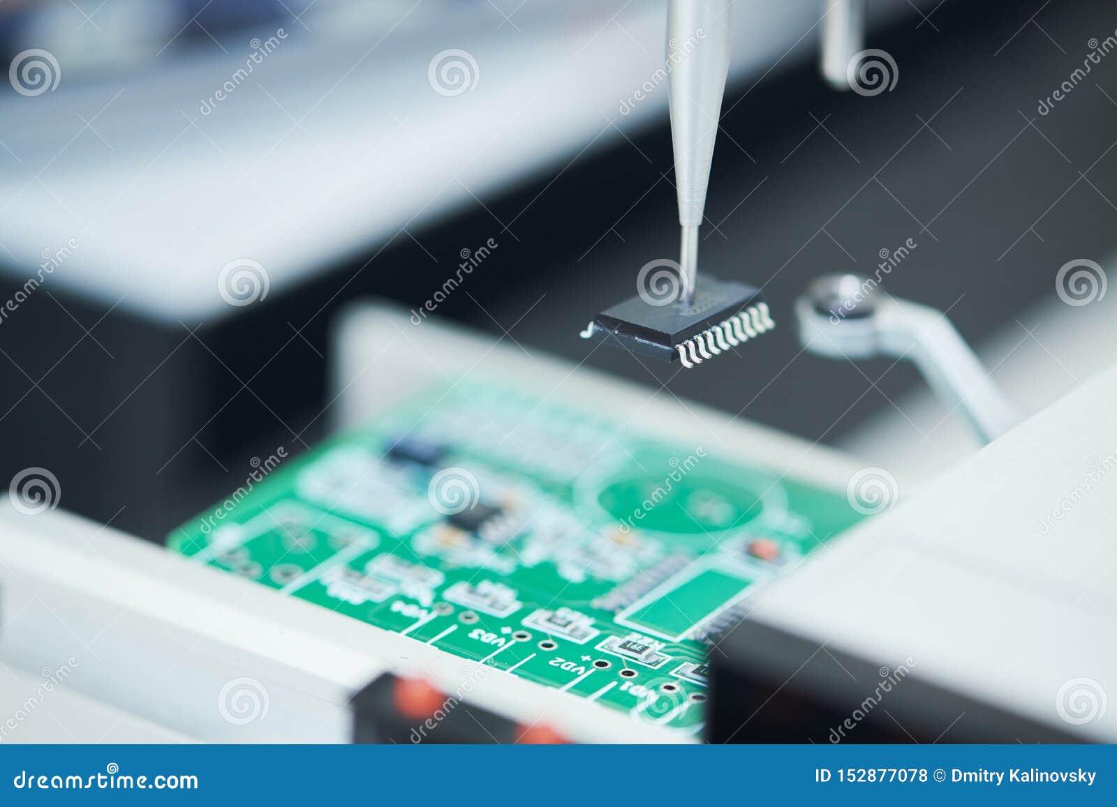 microchip semiconductor manufacturing. automatic machine robot installing chip on board.