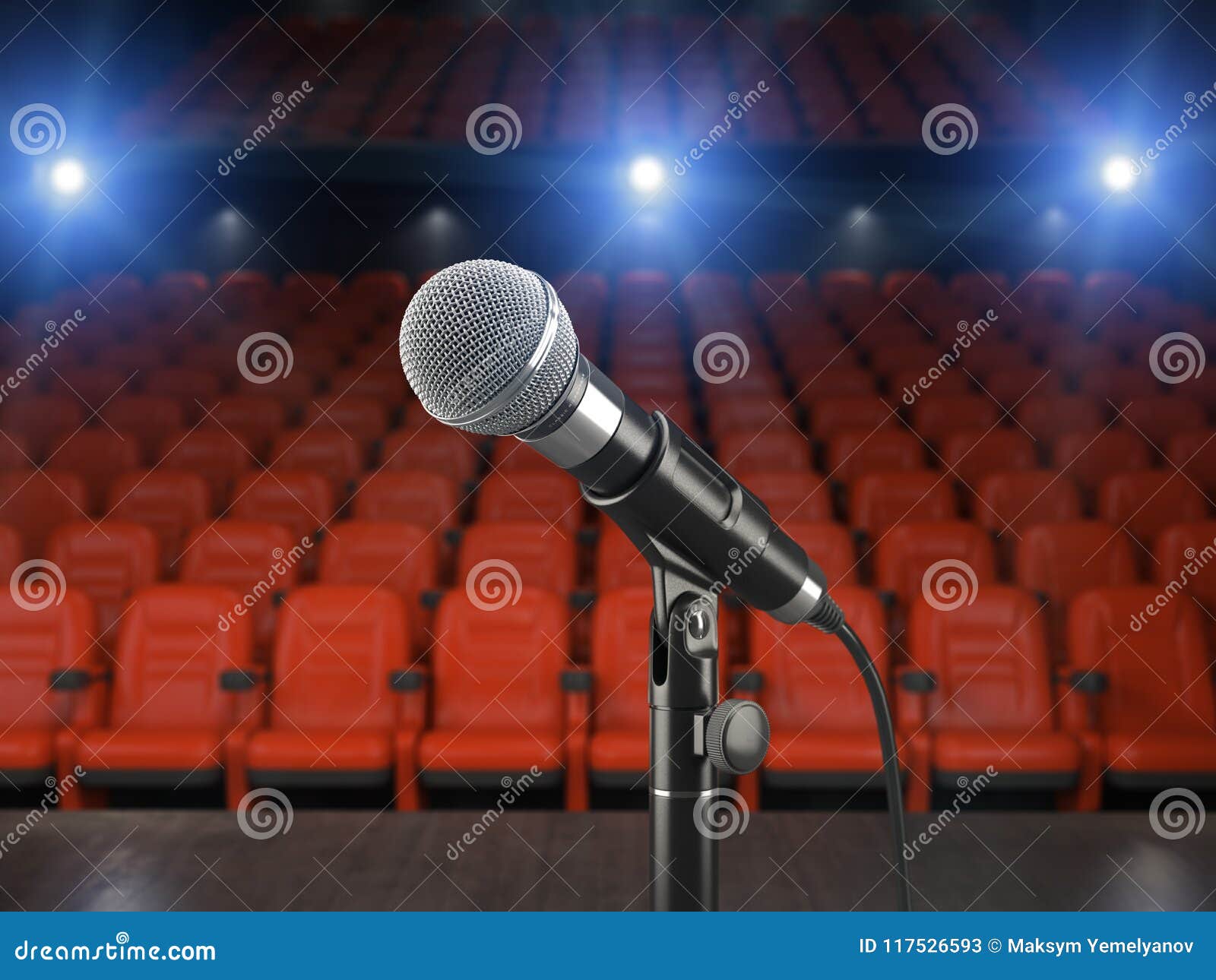 combinatie Hervat speling Microfoon Op Het Stadium Van Concertzaal of Theater Met Rode Zetel Stock  Illustratie - Illustration of uitzending, retro: 117526593