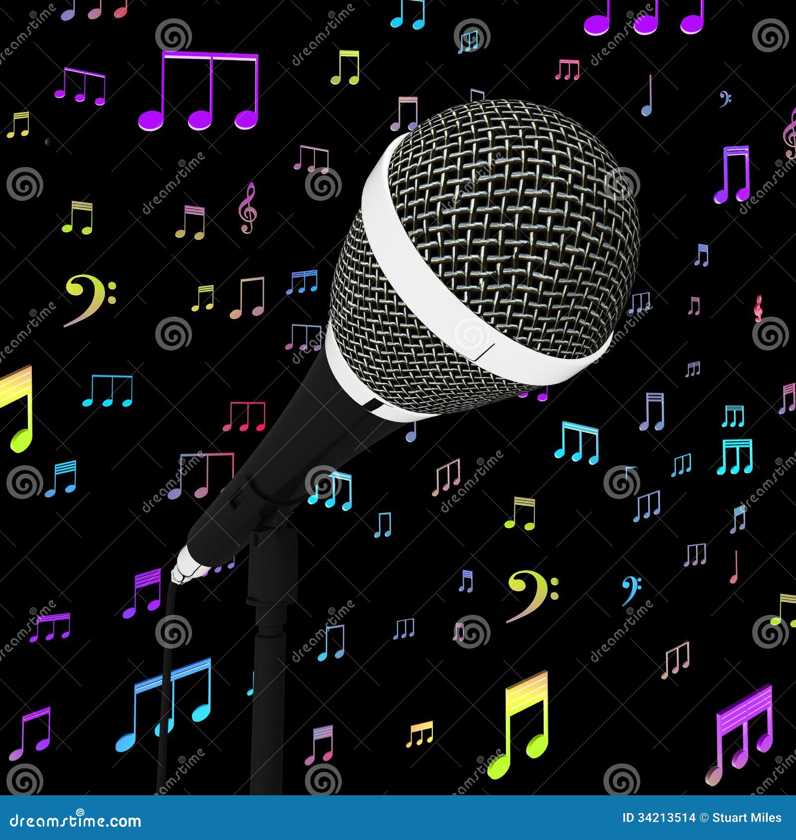 microphone closeup with music notes shows songs or hits