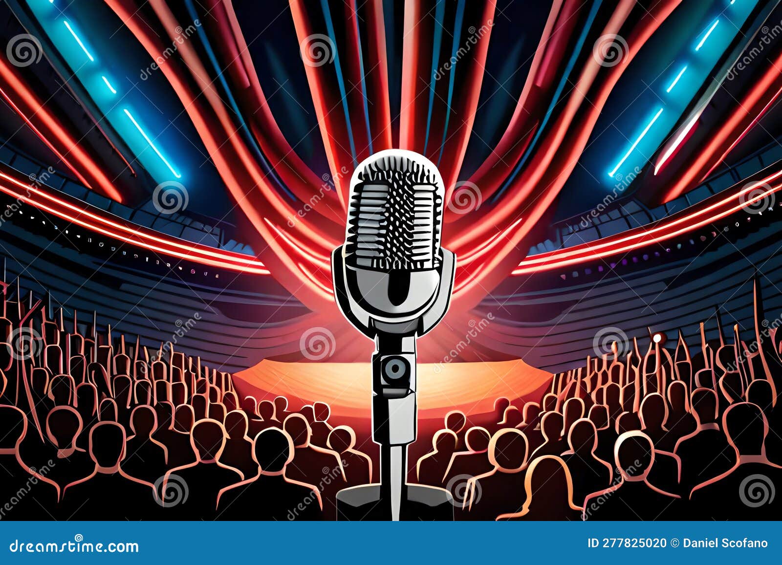 A Microphone in Front of an Audience. Comedy Music and Theater Live