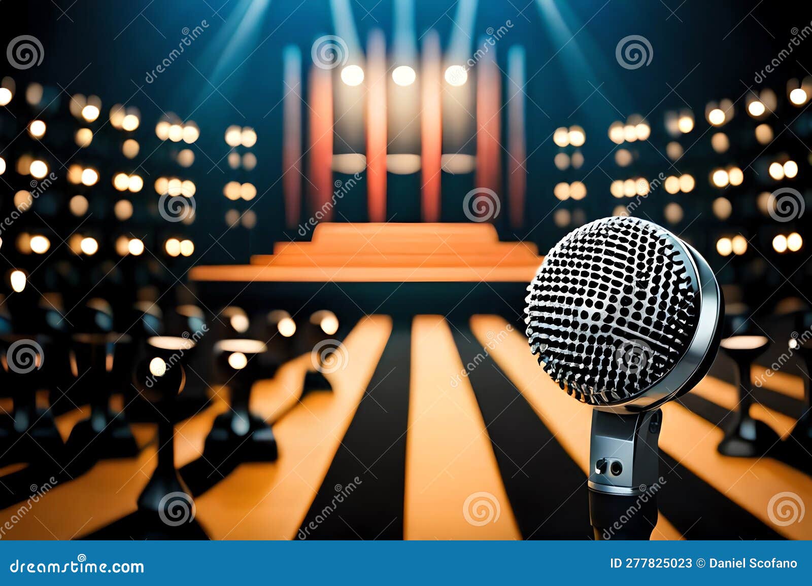 A Microphone in Front of an Audience. Comedy Music and Theater Live