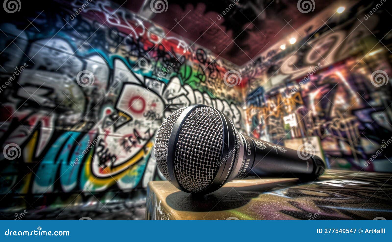 Microphone in Front of a Graffiti Wall. Selective Focus. Generative AI. Stock Illustration