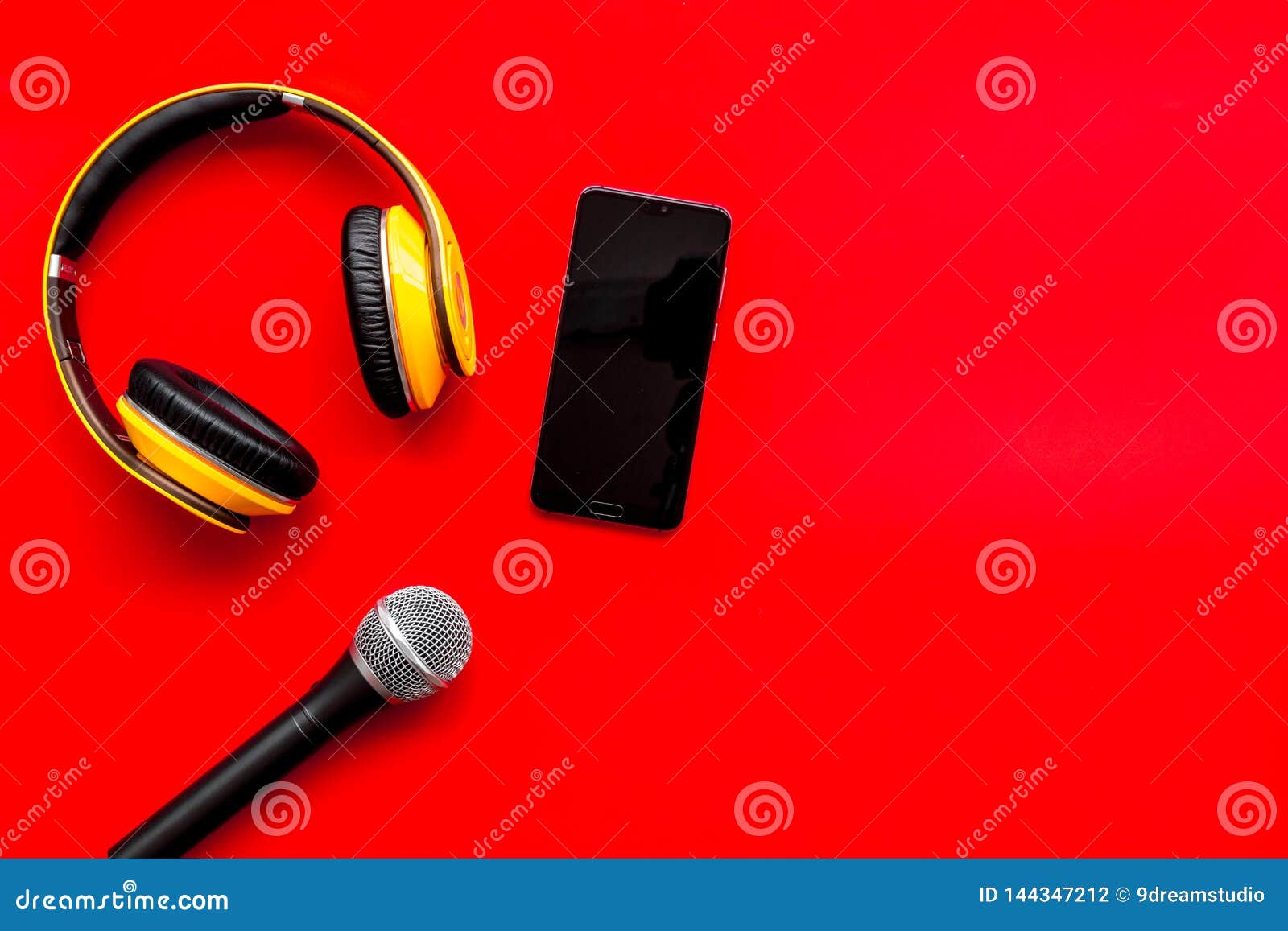 Download Microphone, Headphones, Mobile For Blogger, Journalist Or Musician Work On Red Background Top ...