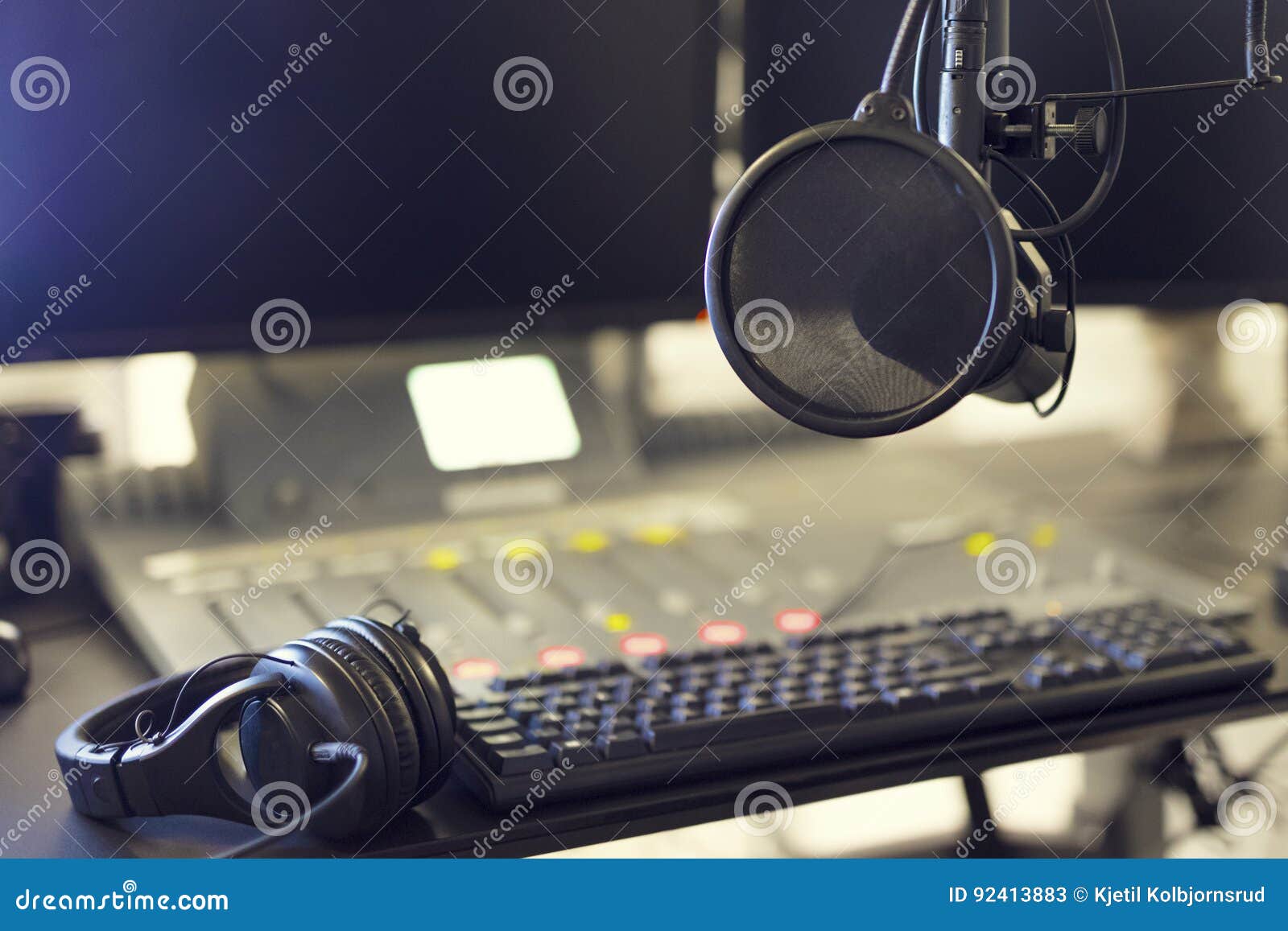microphone and headset in radio station broadcasting studio