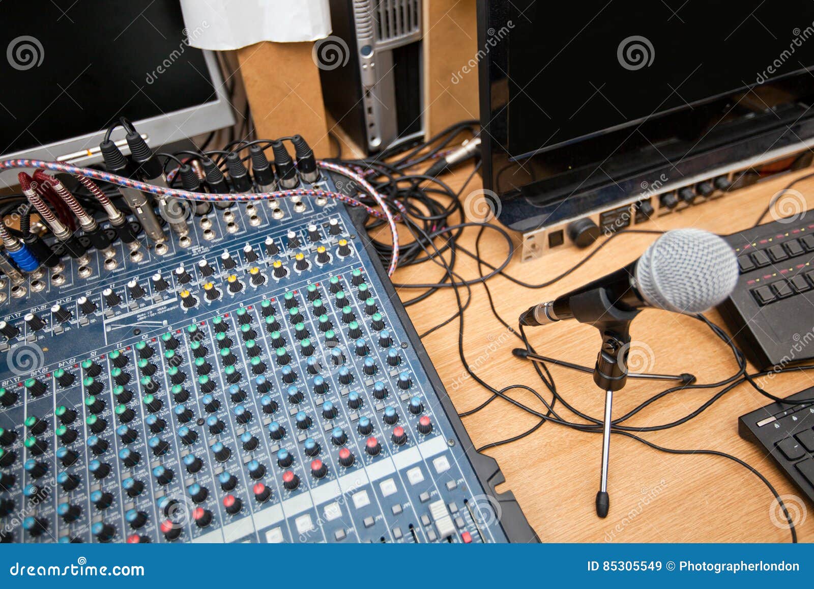 Microphone and Sound Mixing Equipment at Television Studio Stock Image