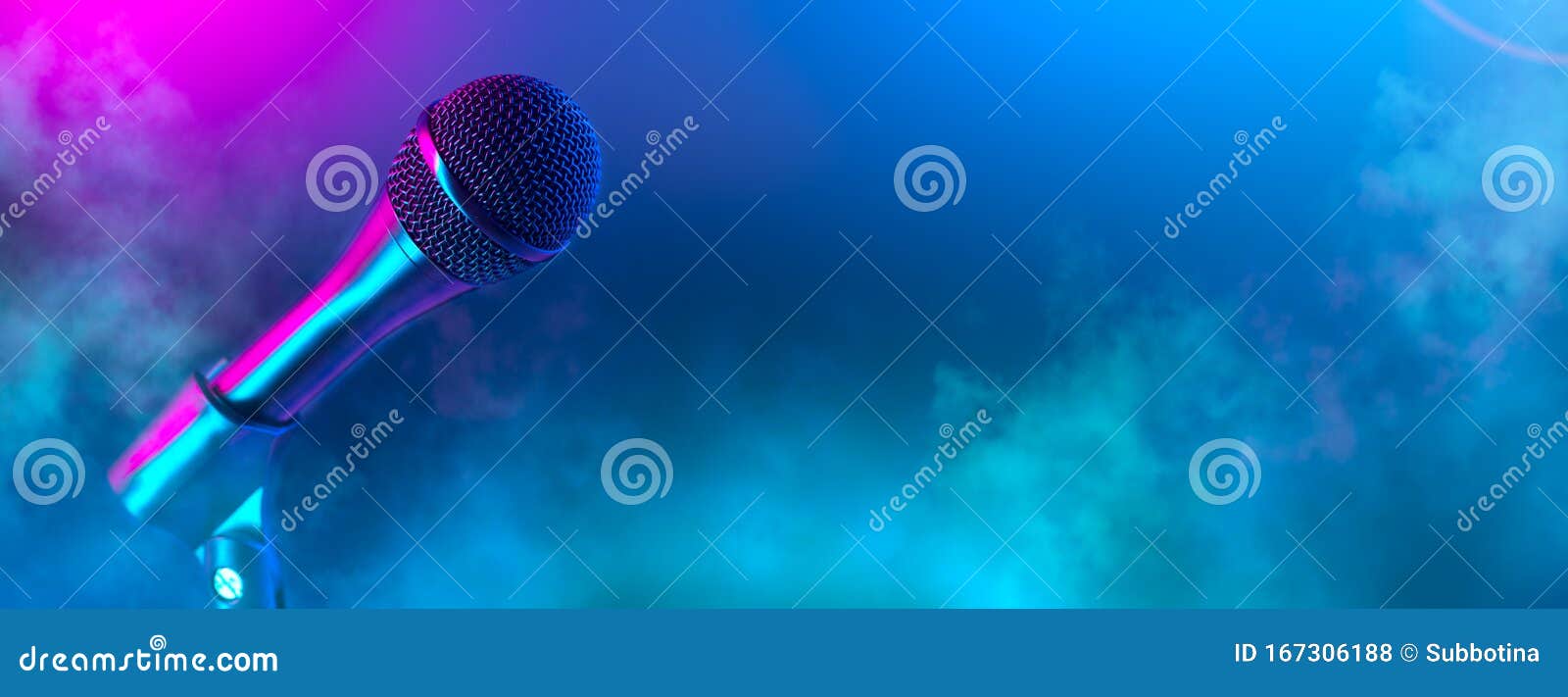 microphone on stage close-up. mic closeup. karaoke, night club, bar. music concert. mike over colorful lights background