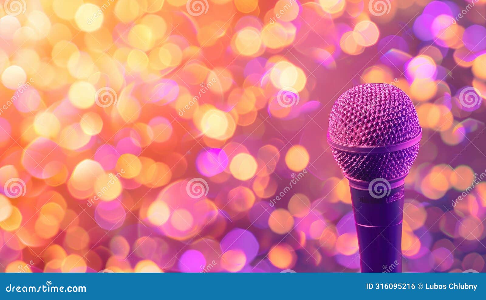 Microphone on Stage with Purple Glitter Light. Microphone for Speech