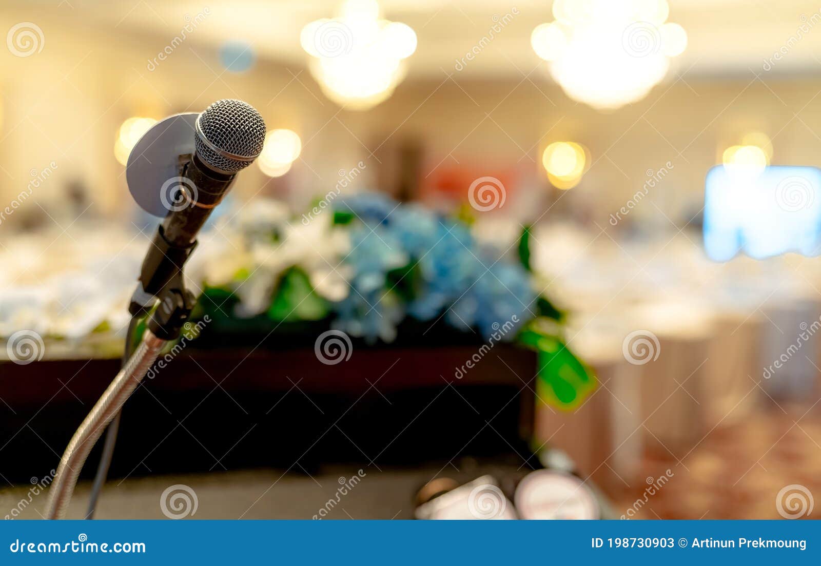 Microphone on Stand at Podium Stage for Public Speaking or Speech in