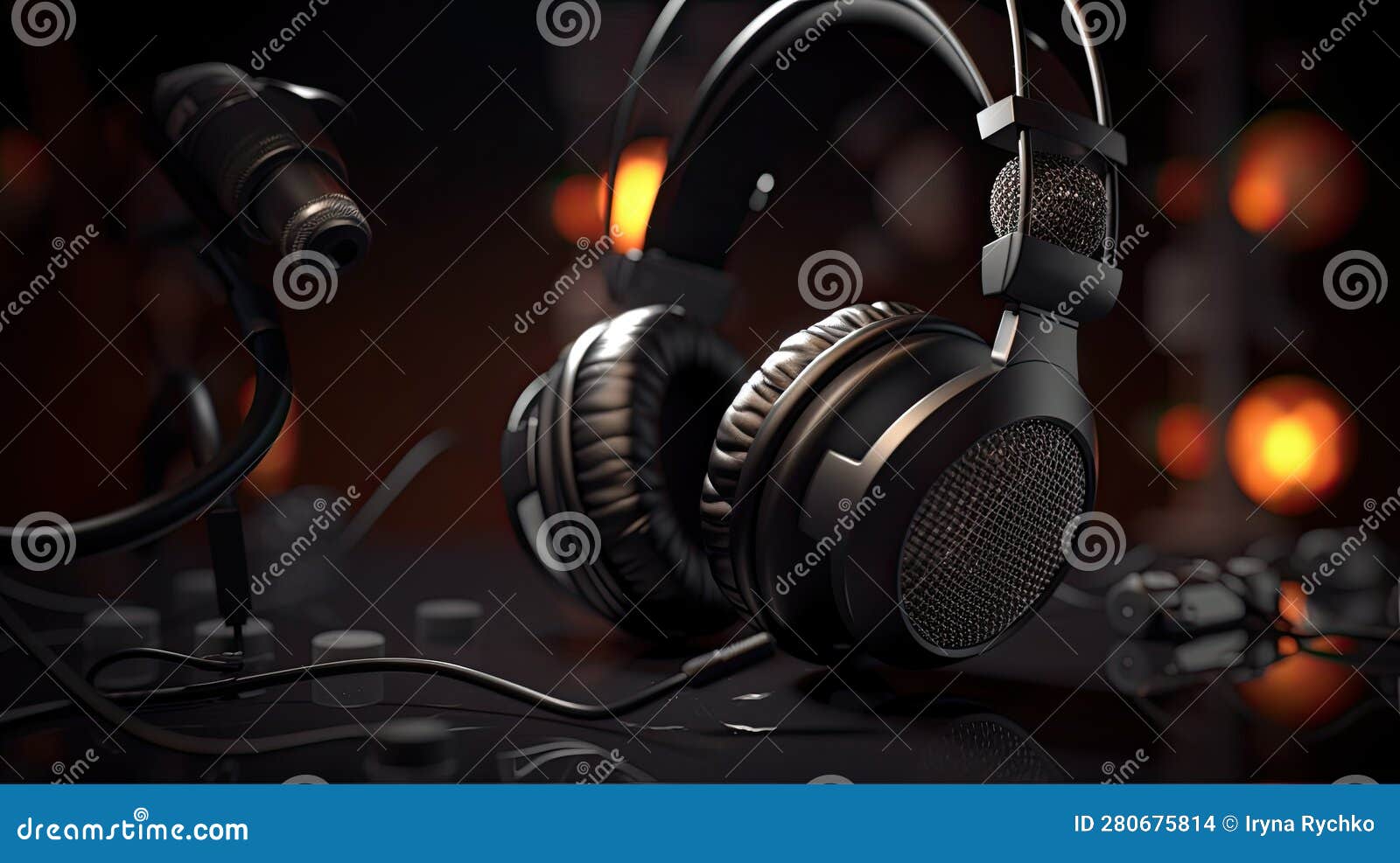 Microphone Stand and White Headphones, Ai Generated Stock Photo Image