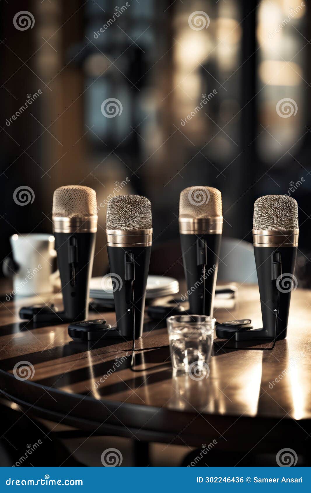 Microphones and Coffee Cups on a Tabletop, Formal Business Meeting