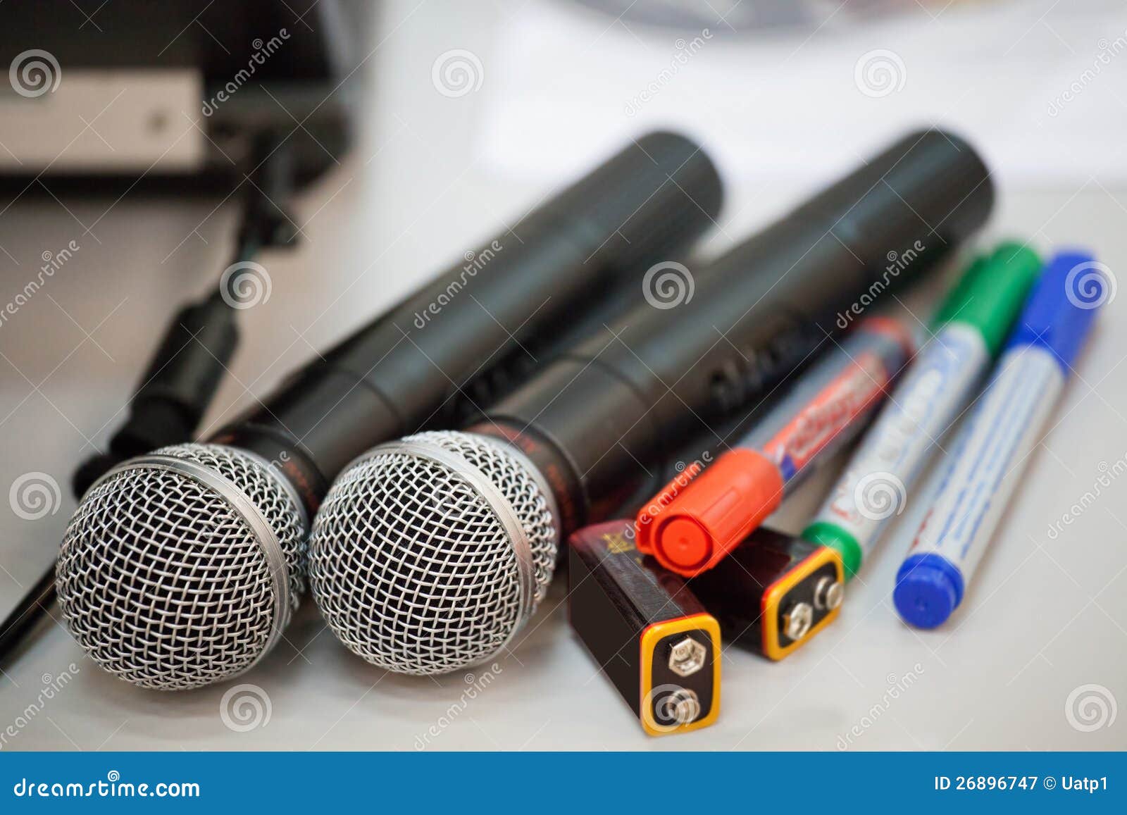 Microphones, Pens and Electric Batteries Stock Image Image of white