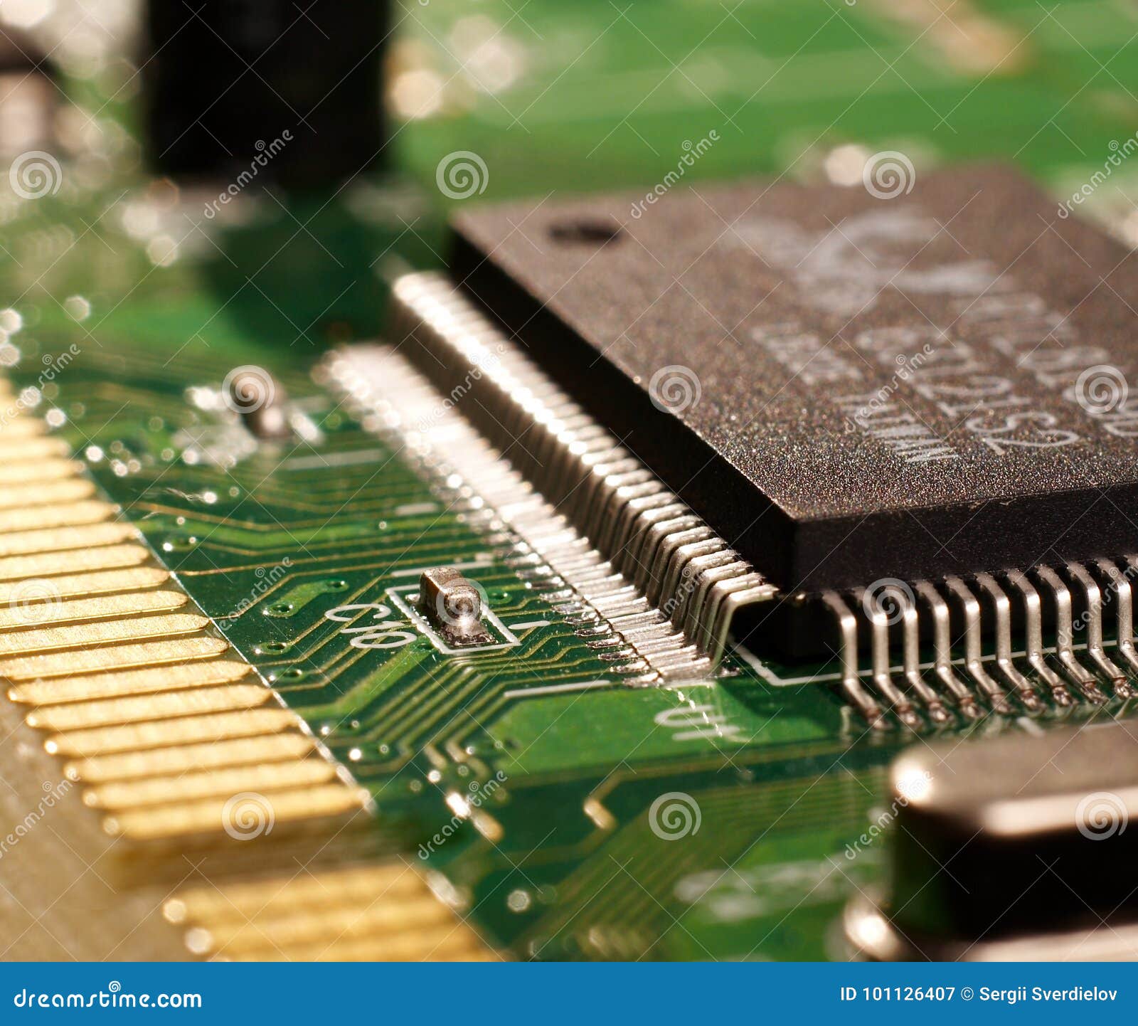 Microprocessor with Motherboard Background. Computer Board Chip Circuit
