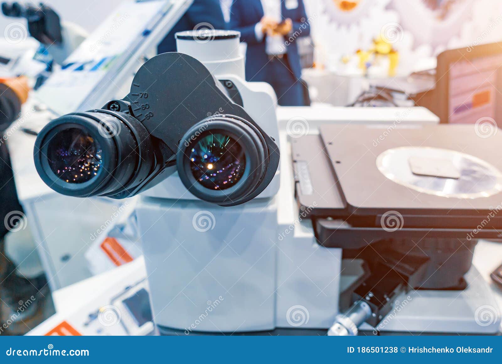 The Microscope is Industrial. Eye Microscope Lenses Stock Photo Image
