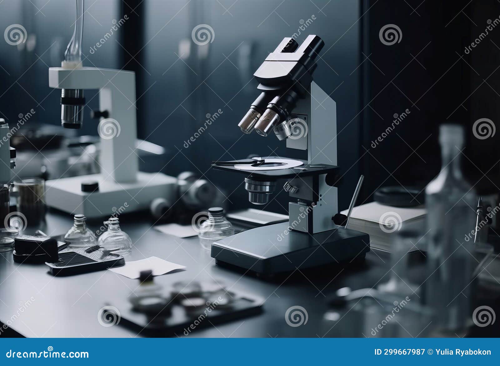 Microscope Laboratory Equipment. Generate AI Stock Illustration