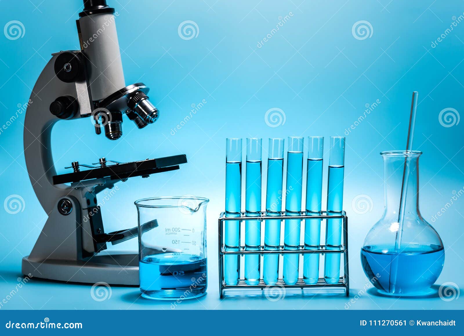 Microscope and Laboratory Test Tube on Light Blue Background , S Stock ...