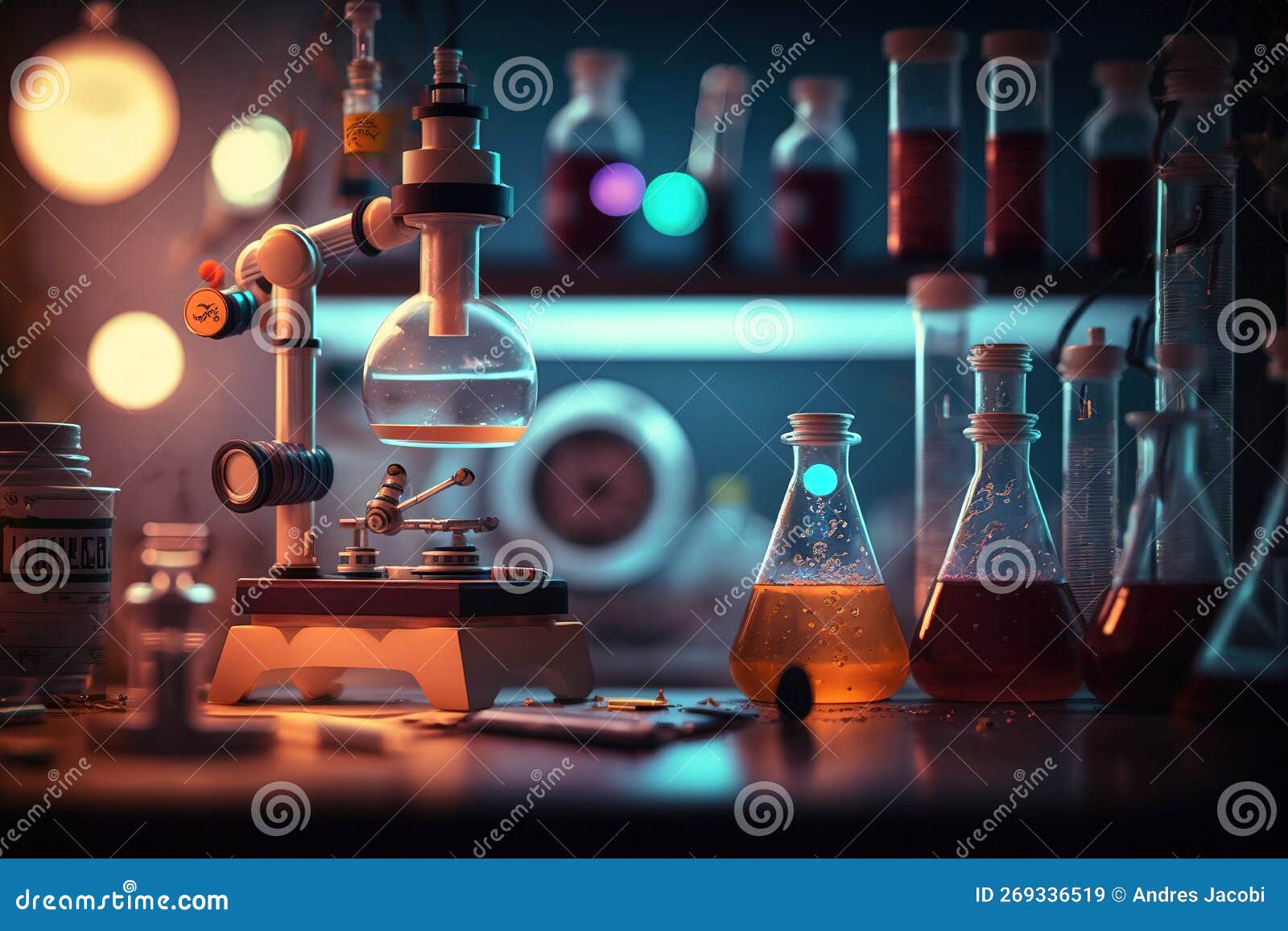 Chemistry Lab Desk With Different Test Tubes With Colorful Fluids