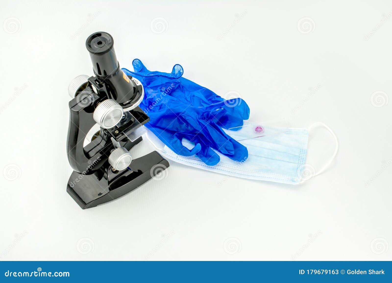 Microscope On White Background And Bacteria Virus Face Mask Gloves