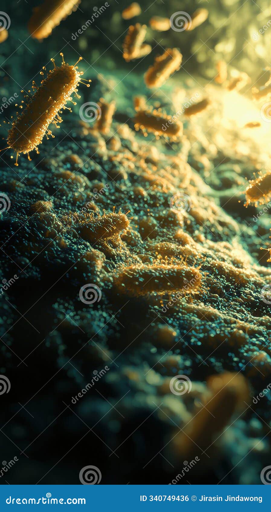 microscopic 3d bacteria on textured surface