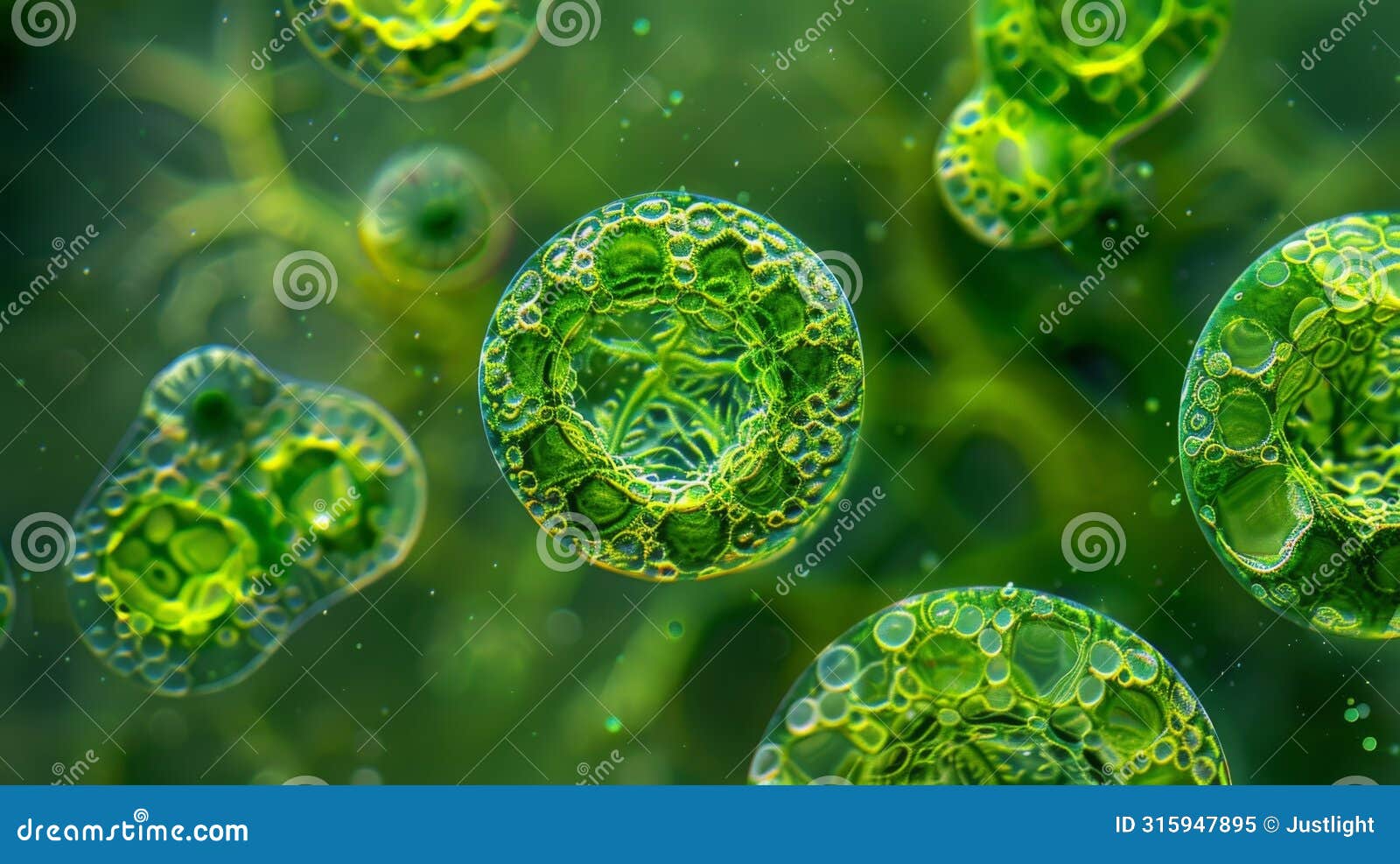 a microscopic image of green algae cells each with a distinct nucleus and chloroplasts that give them their vibrant