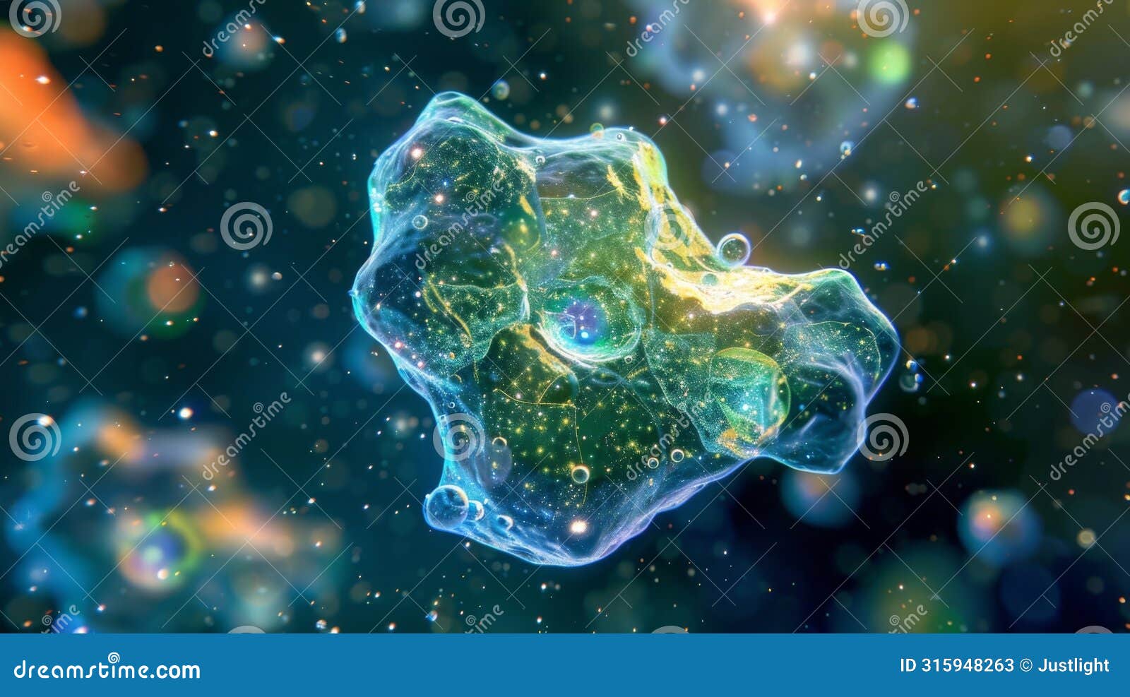 a microscopic view of an amoeba its bloblike  constantly changing as it engulfs food particles. .