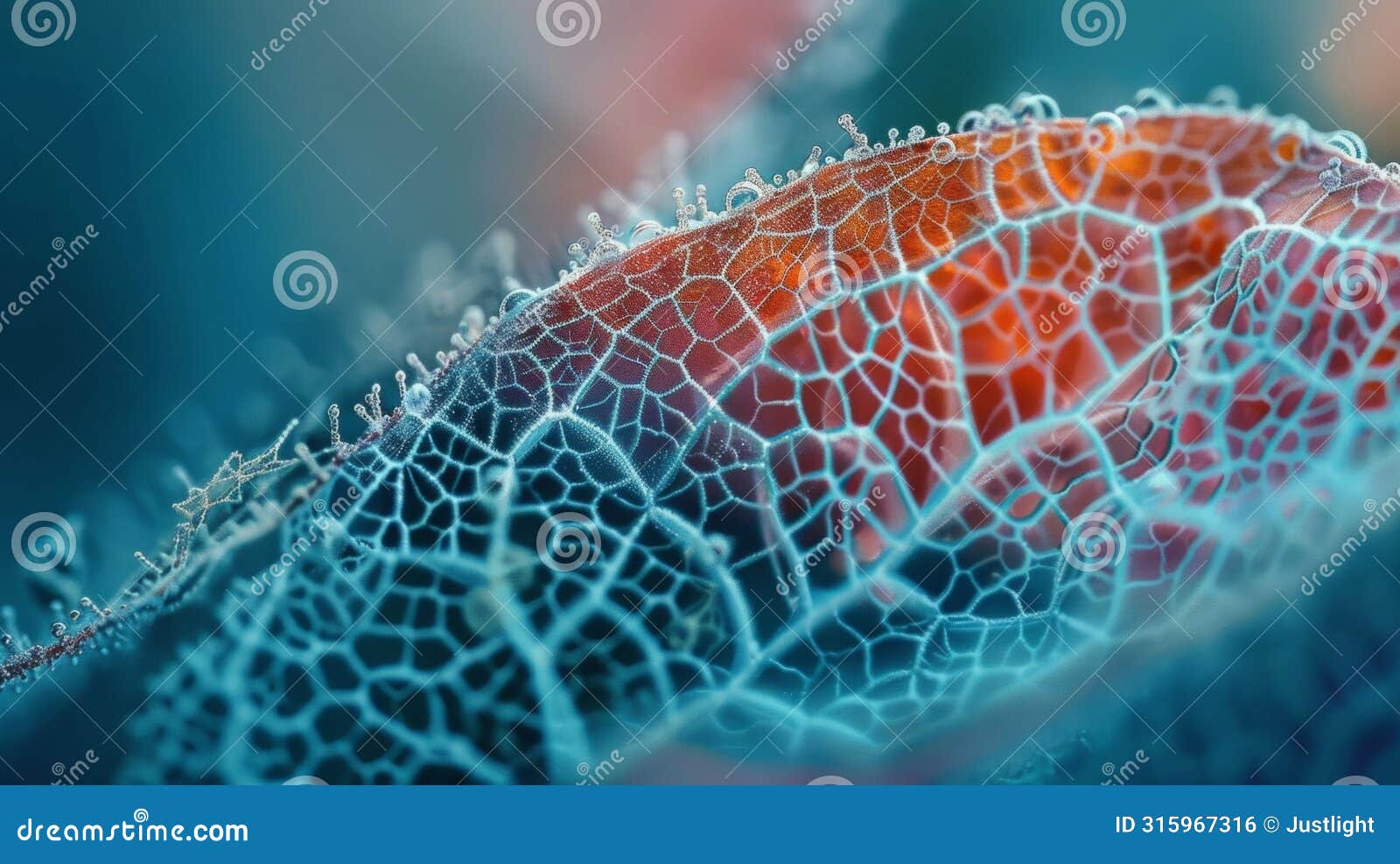 a microscopic view of the surface of a plant leaf covered in a thin layer of aerogel particles. the leaf itself is