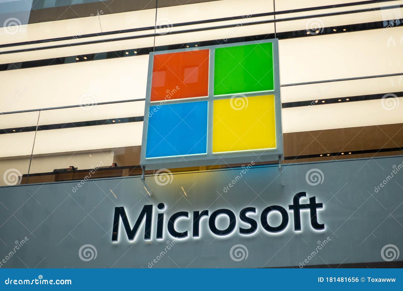 Microsoft Company Logo On Facade Of Brand Store On 5th Avenue In