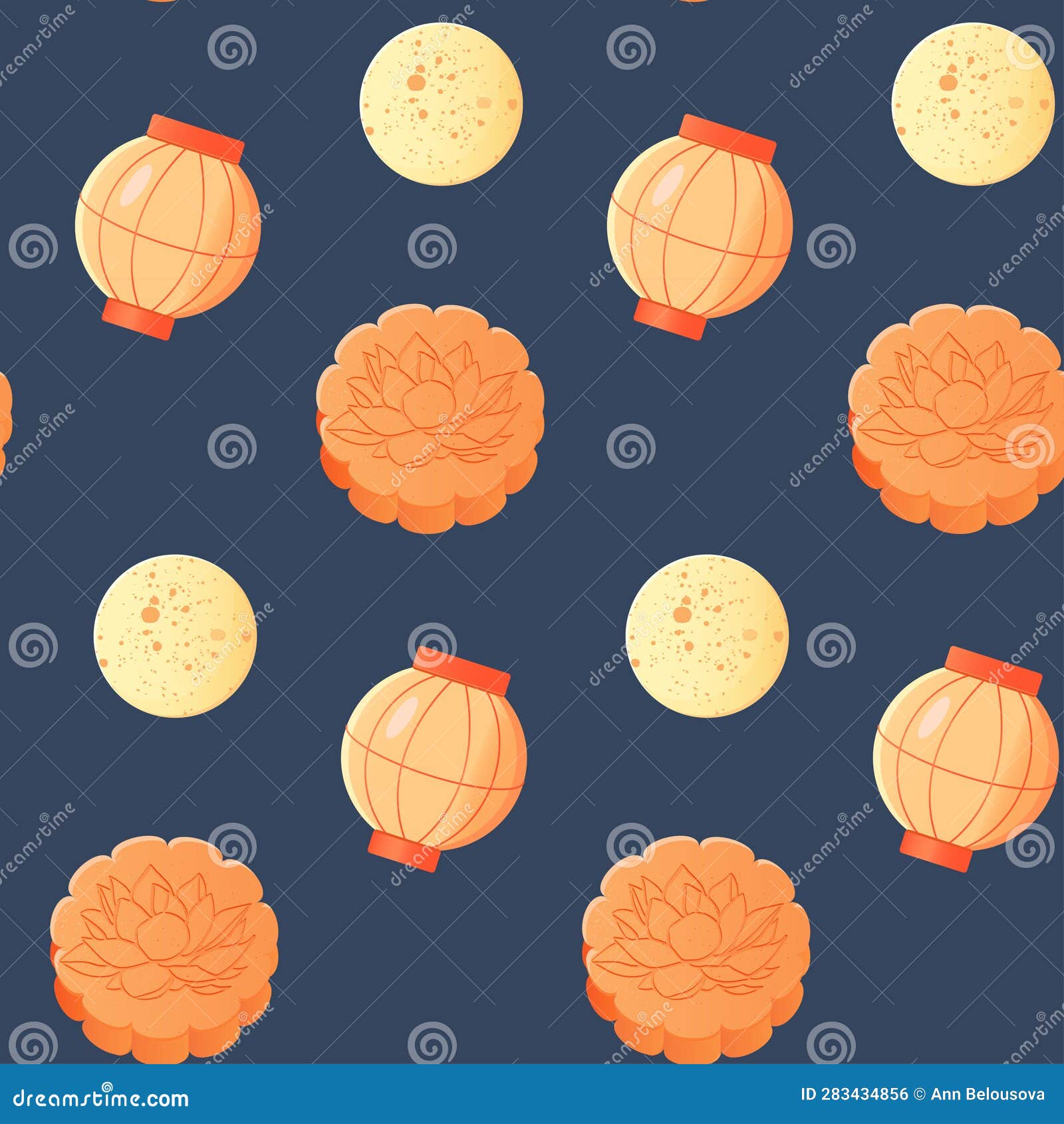 Mid Autumn Festival Pattern Mooncake and Chinese Lantern and Moon Stock